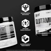 Nutrex Glutamine Pure joint support supplement bottle with 60 servings, showcasing the product label and packaging.