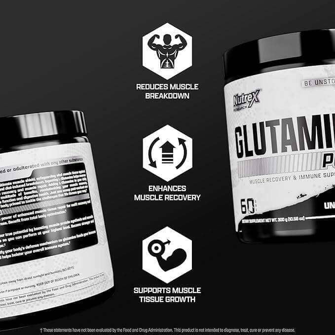 Nutrex Glutamine Pure joint support supplement bottle with 60 servings, showcasing the product label and packaging.
