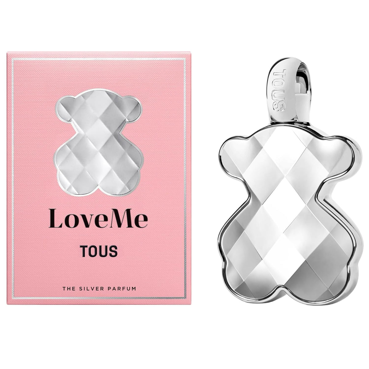 Farmacias Savia Tous LoveMe Silver perfume bottle, 3oz, with sleek silver design and elegant branding.