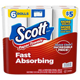 Farmacias Savia Scott Choose-A-Sheet Paper Towels, white, 62 sheets per roll, carton of 6 rolls, ideal for cleaning and drying.