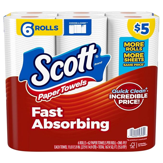 Farmacias Savia Scott Choose-A-Sheet Paper Towels, white, 62 sheets per roll, carton of 6 rolls, ideal for cleaning and drying.