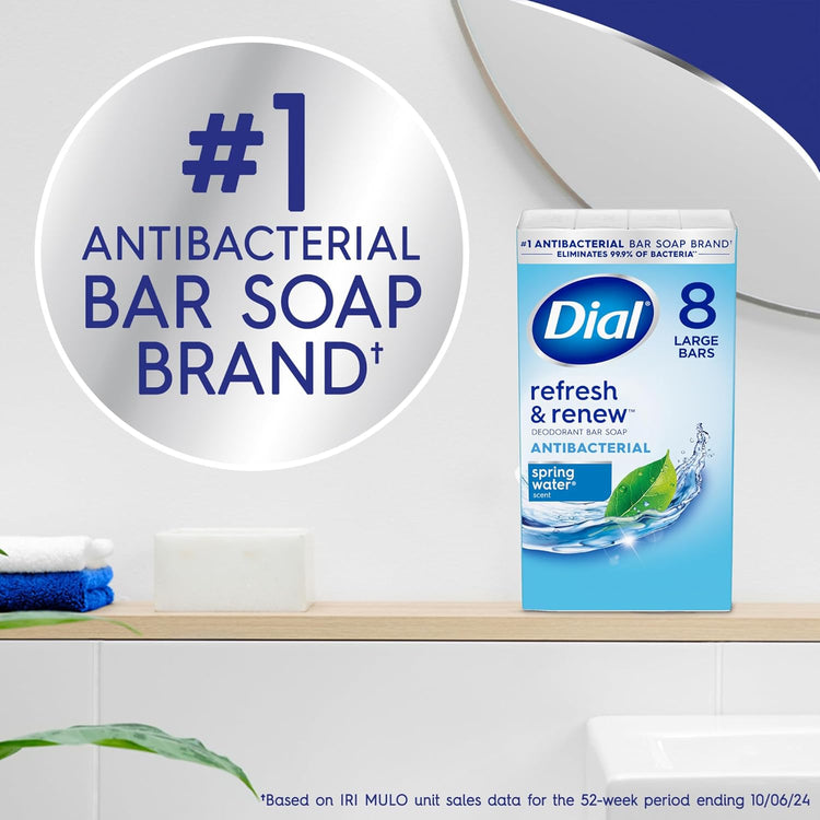 Farmacias Savia Dial antibacterial bar soap with spring water, 4 oz, 8 bars, natural cleansing for healthy skin.