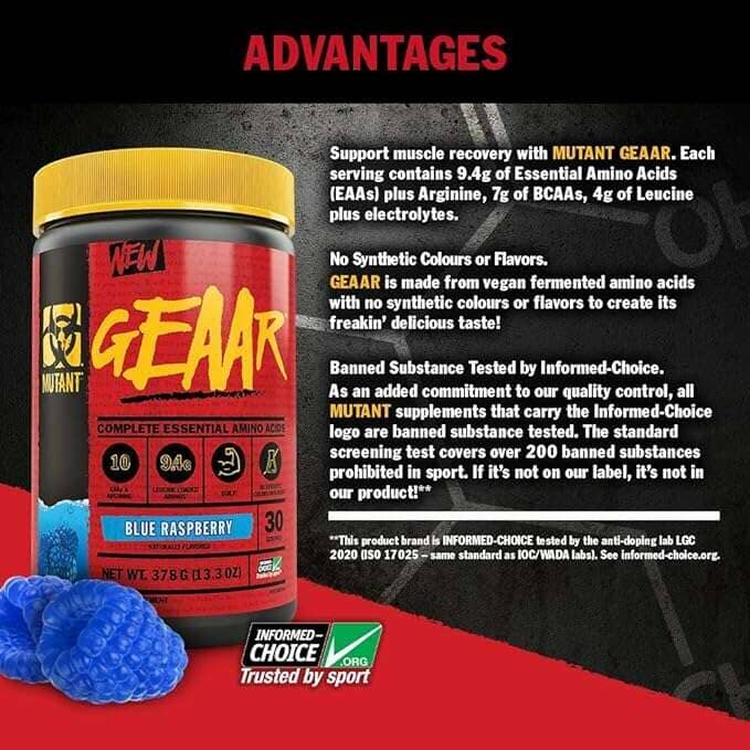 Mutant Gear EAA Recovery Complex BCAA amino acids supplement in a 30-serving container with label detail.