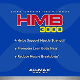 Allmax HMB 3000 veggie caps, dietary supplement with amino acids and BCAA for muscle support, displayed in bottle on white background