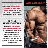 Mutant Creakong Kre-Alkalyn creatine supplement bottle with 75 servings, featuring label details and supplement branding.