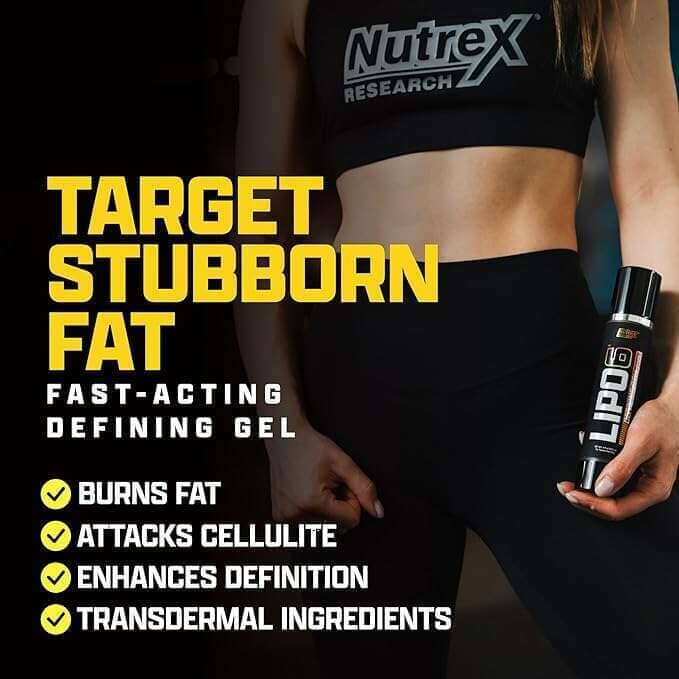Nutrex LIPO-6 Defining Gel 120ml for weight loss, shown in a clear container with the label visible.