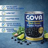 Canned Goya black beans labeled Habichuelas Negras in 15.5 oz can, featuring a black and white design with beans visible on the label.