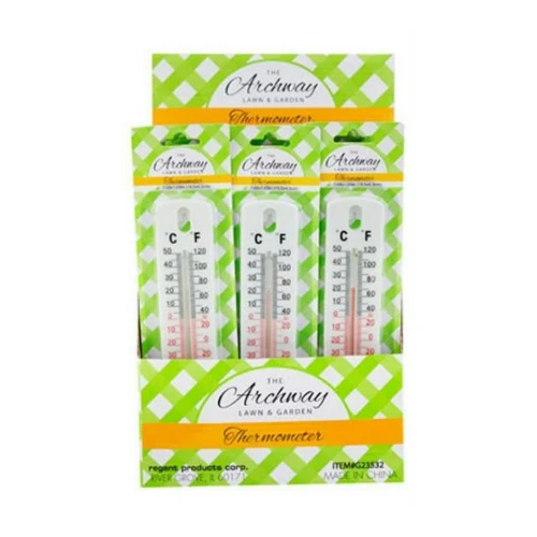 Indoor/outdoor wall thermometer by Farmacias Savia, auto reset, with temperature display for monitoring room and outdoor climate.