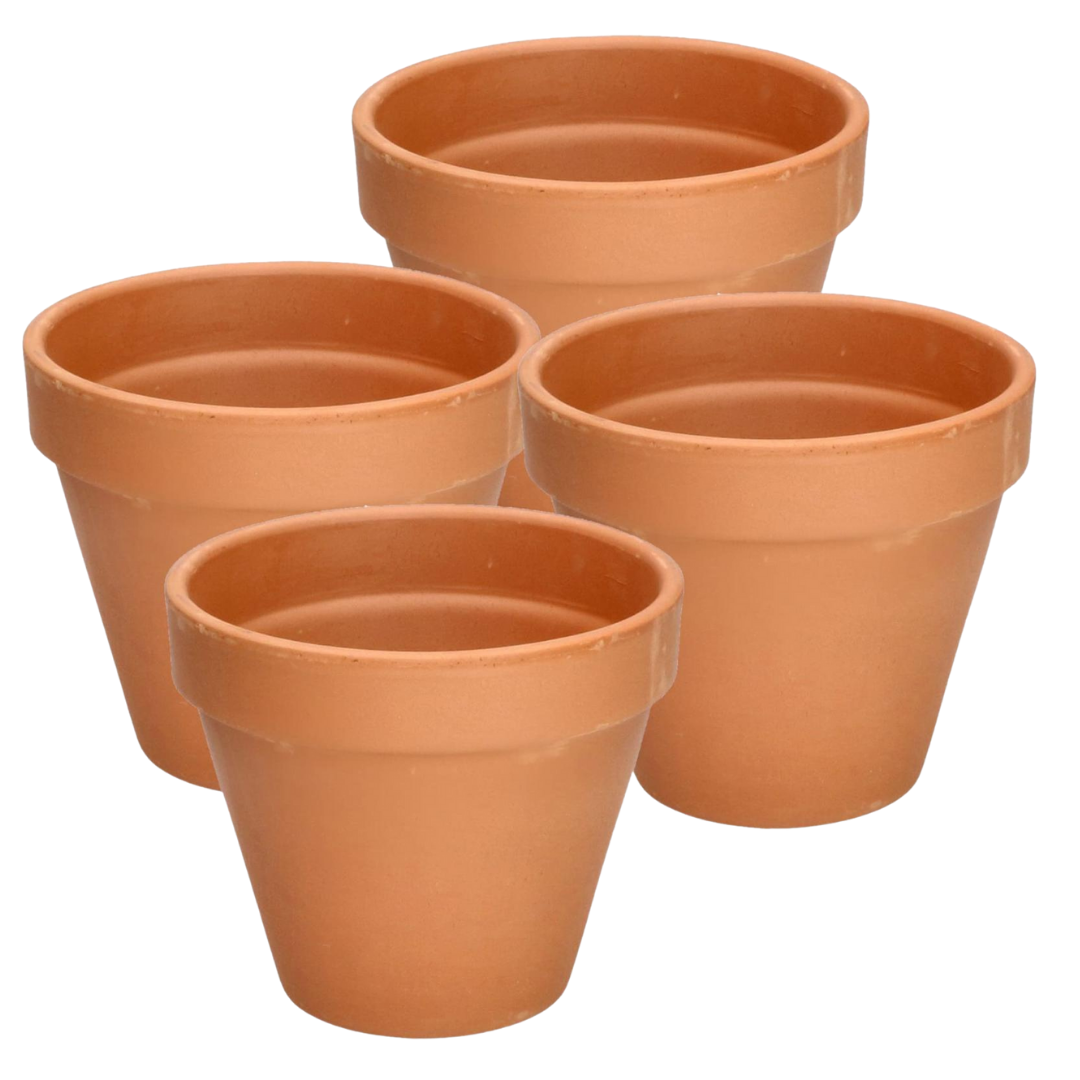 Small terracotta clay flower pot, 4-inch size, from OTC by Farmacias Savia, shown with a smooth, round shape and natural clay finish.
