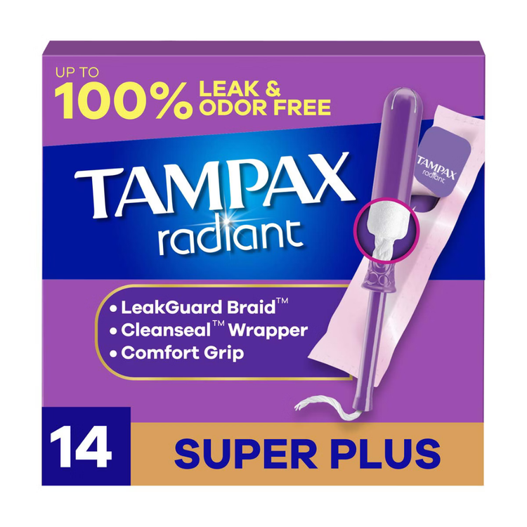 Tampax Radiant Super Plus unscented tampons in a 14-count package, designed for high absorbency and comfort.