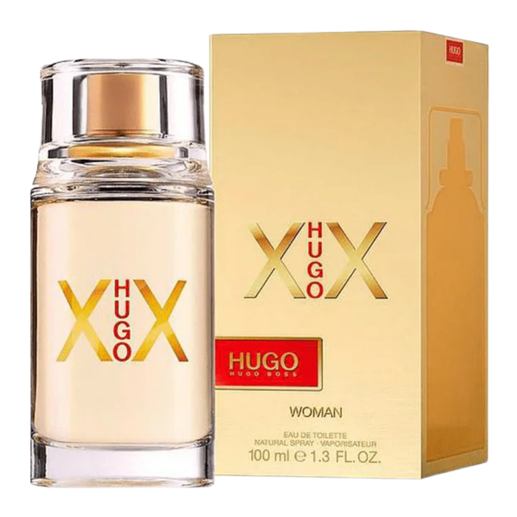 Hugo Boss Hugo XX Eau de Toilette for women, 3.4oz bottle, with sleek packaging and floral fragrance details.