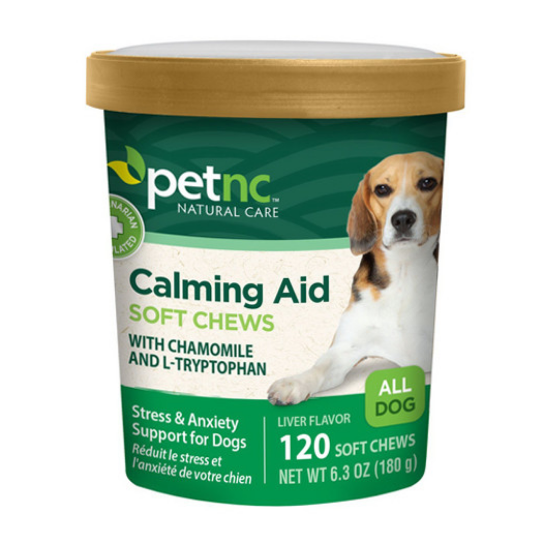 PetNC Natural Care Calming Aid soft chews for dogs, 120 count, showing the chew treats in a clear package on a white background.