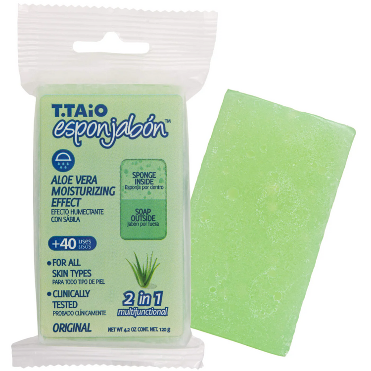Farmacias Savia Aloe Vera moisturizing soap sponge with exfoliating texture, 4.2oz, for gentle cleansing and hydration.