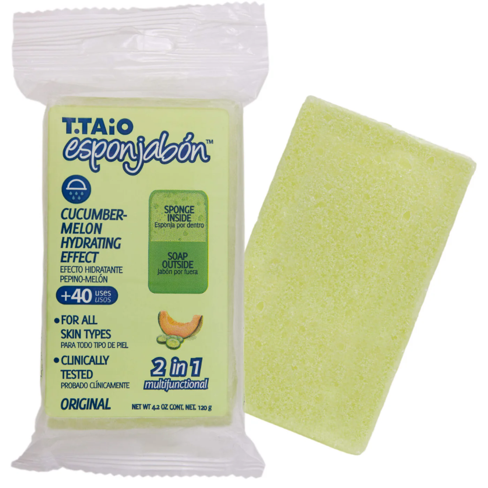 Farmacias Savia T.Taio Cucumber-Melon hydrating soap sponge, 4.2oz, with refreshing cucumber and melon scent, ideal for cleansing and moisturizing.