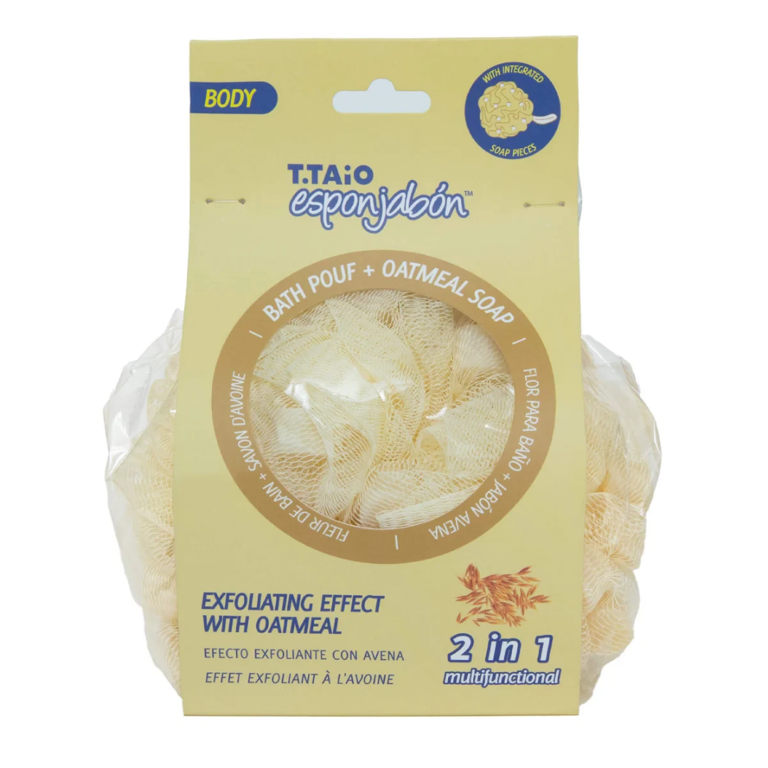 Farmacias Savia oatmeal bath pouf and oatmeal soap 2-in-1, soft textured exfoliating sponge with oatmeal soap bar for gentle cleansing