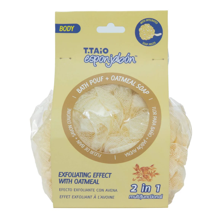 Farmacias Savia oatmeal bath pouf and oatmeal soap 2-in-1, soft textured exfoliating sponge with oatmeal soap bar for gentle cleansing