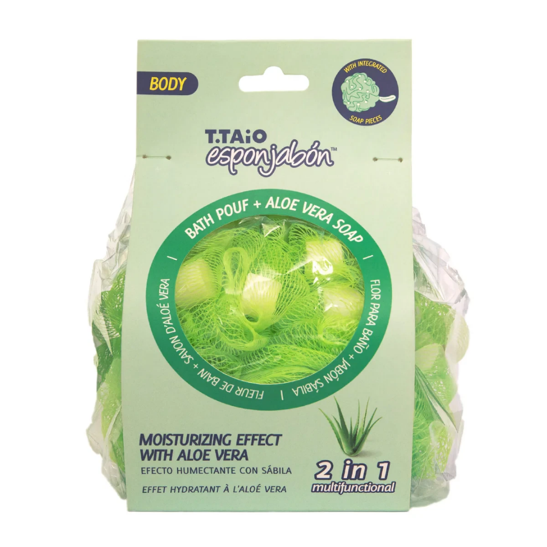 Aloe Vera bath pouf and soap set featuring a soft, green exfoliating sponge and a bar of aloe vera soap, natural skincare essentials.