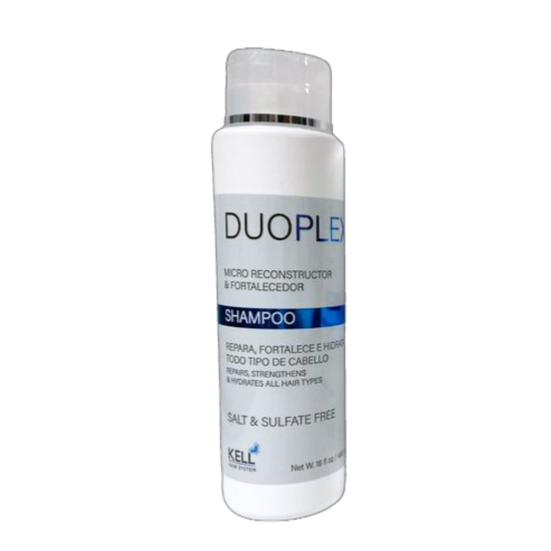 Kell Duoplex Micro Reconstructor & Fortifier Shampoo 16oz bottle with pump, designed for damaged hair repair and strengthening.
