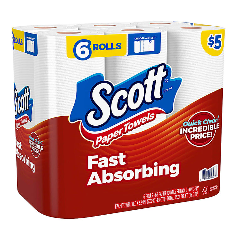 Farmacias Savia Scott Choose-A-Sheet Paper Towels in white, 62 sheets per roll, shown in a carton of 6 rolls.