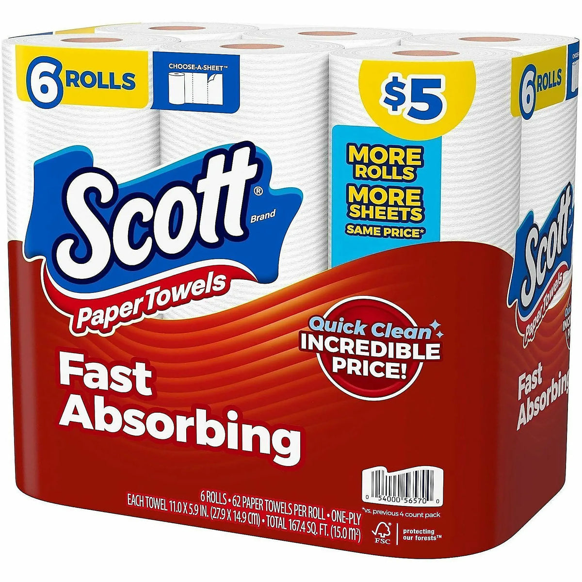 Farmacias Savia Scott Choose-A-Sheet paper towels in white, 62 sheets per roll, shown in a carton of six rolls.