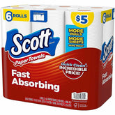 Farmacias Savia Scott Choose-A-Sheet paper towels in white, 62 sheets per roll, shown in a carton of six rolls.