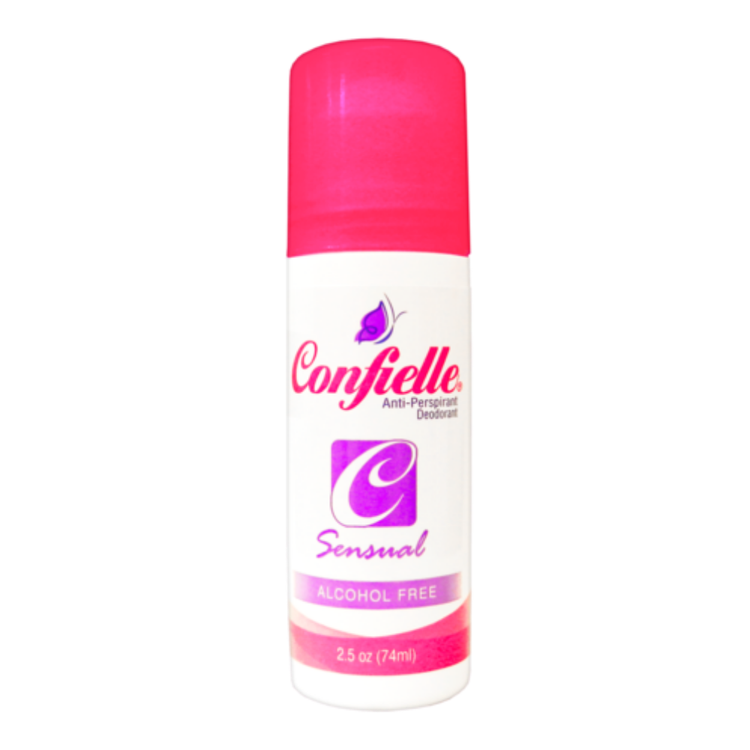 Confielle Sensual anti-perspirant deodorant spray in 74ml bottle, from Farmacias Savia, featuring a sleek design and feminine scent.