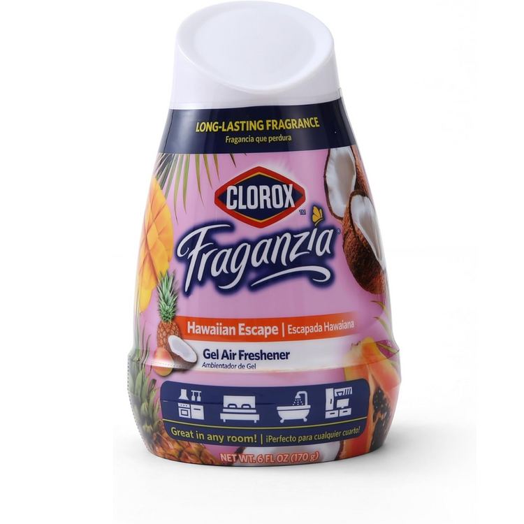Clorox Fraganzia Gel Air Freshener Island Orchid 6oz bottle with floral design and fresh orchid scent.