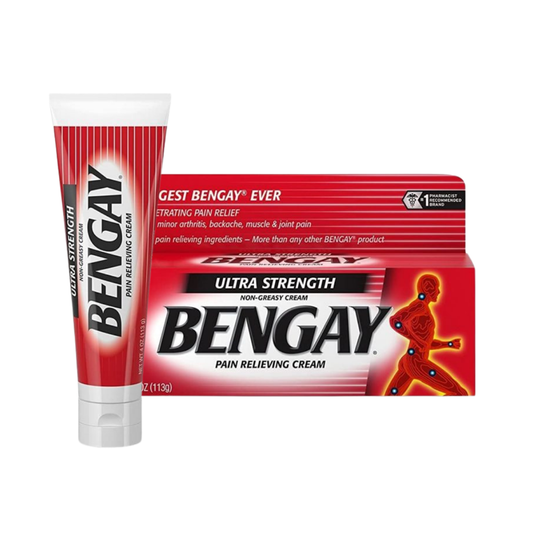 Bengay Ultra Strength Non-Greasy Pain Relieving Cream in 4oz tube, used for muscle and joint pain relief, by Farmacias Savia