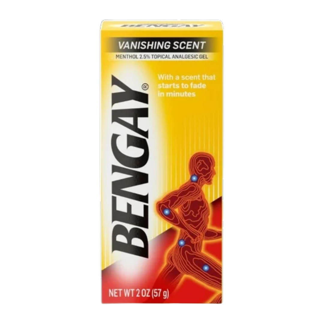 Farmacias Savia Bengay Vanishing Scent Menthol 2.5% topical analgesic gel in 2oz tube showing the product packaging.