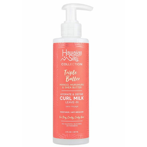 Hawaiian Silky Triple Butter Leave-In Conditioner 8oz for hair, featuring nourishing ingredients in a white bottle with a flip-top cap.