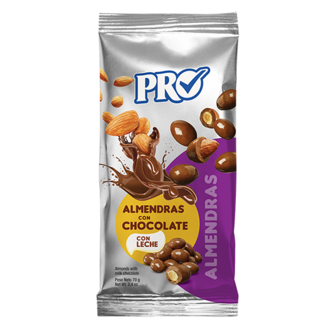 Pro Almendra Chocolate Covered Almonds in 1.5oz package, featuring shiny chocolate-coated almonds from La Comprita by Farmacias Savia