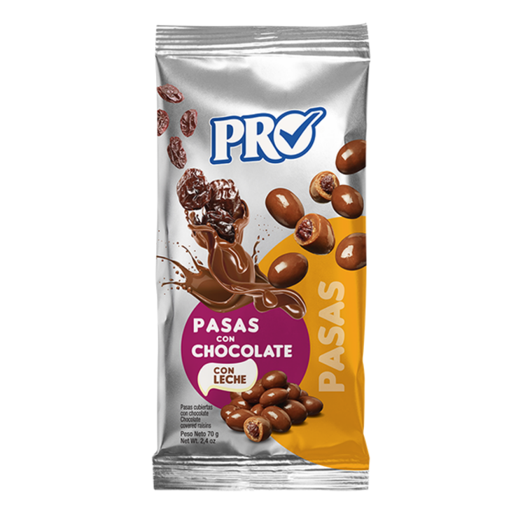 Chocolate-covered raisins from La Comprita by Farmacias Savia in a 1.5oz package, showing glossy chocolate coating on raisins.