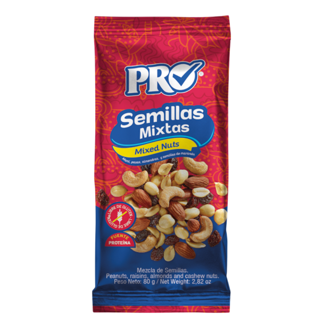 Assorted mixed nuts in a 2oz package from La Comprita by Farmacias Savia, showing a variety of nuts in a clear container.