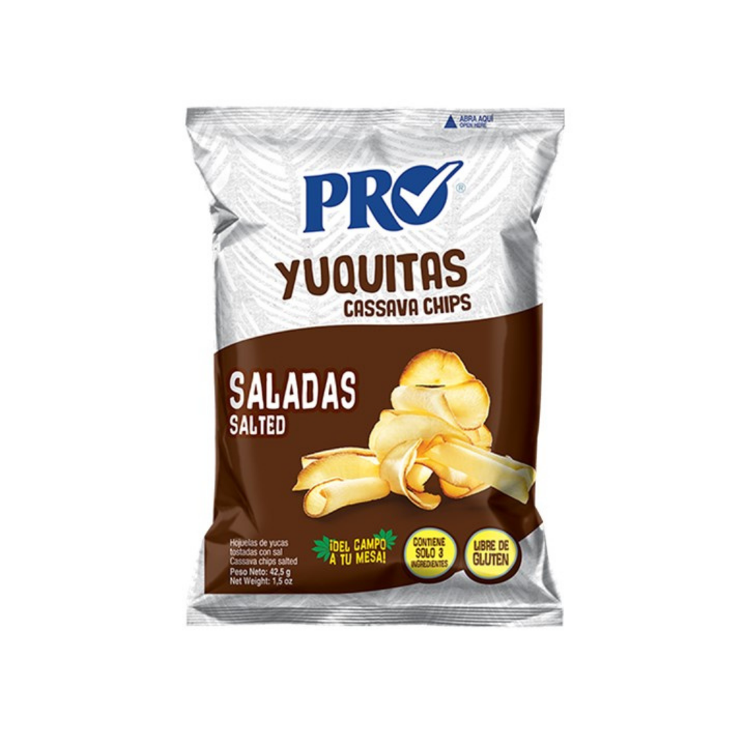 La Comprita salted yuca chips in 1.5 oz bag, showcasing crispy, golden yuca slices perfect for snacking.
