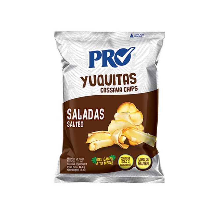 La Comprita salted yuca chips in 1.5 oz bag, showcasing crispy, golden yuca slices perfect for snacking.