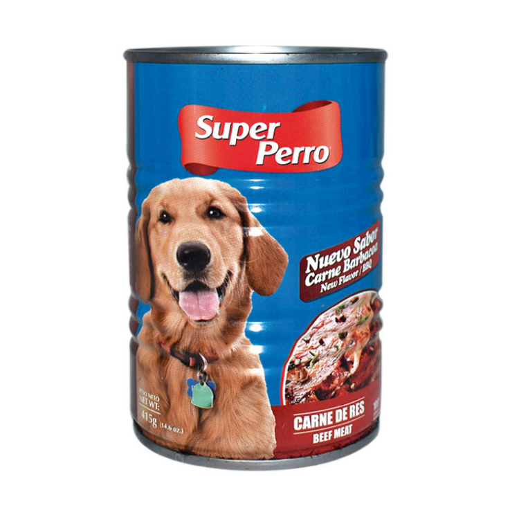 Canned Super Perro Wet Dog Food with beef flavor in 14.1oz size, suitable for dogs, by Farmacias Savia.