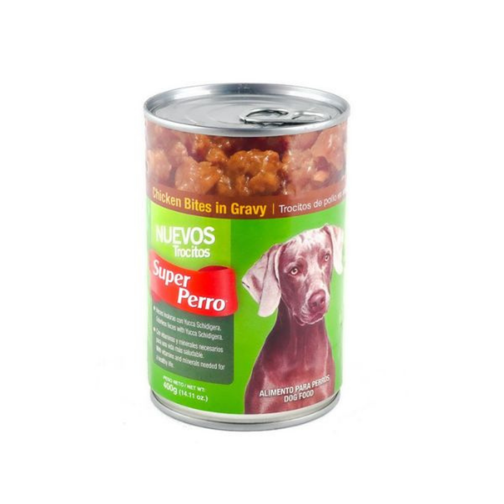Canned Super Perro Chicken Bites in Gravy wet dog food by Farmacias Savia, 14.1 oz, showing the product label and packaging.