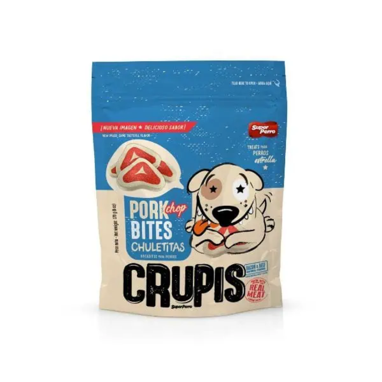 Farmacias Savia Super Perro Crupis Pork Chop Bites dog treats in a 6 oz bag, showing crispy pork snack pieces for dogs.
