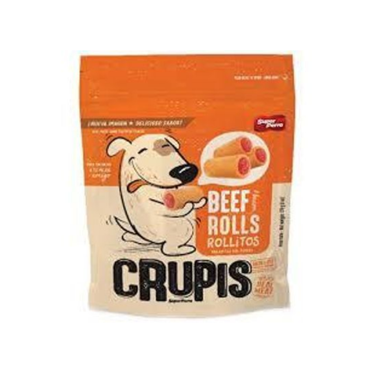 Crupis Beef Rolls Dog Treats in 170g package, natural meat snacks for dogs by Farmacias Savia.