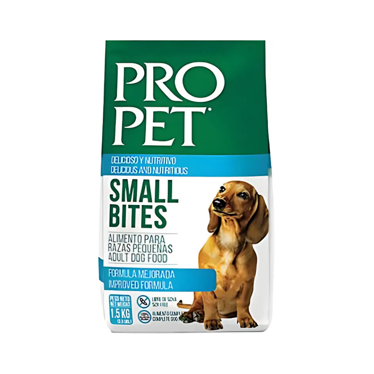 Pro Pet Small Bites adult dog food from Farmacias Savia, 3.3 lbs bag, nutritious pet alimentation with small, crunchy kibble.