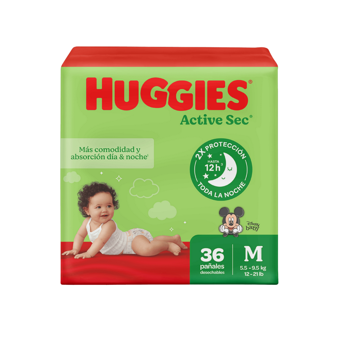 Huggies Active Sec baby diapers size M/2 from Farmacias Savia, 36-pack with soft, absorbent diaper design for active babies.