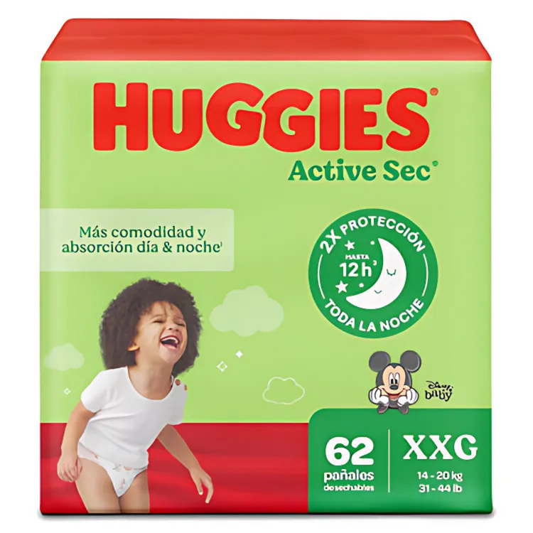 Huggies Active Sec Size 5 disposable diapers for babies, 62-count pack, suitable for active infants, by Farmacias Savia