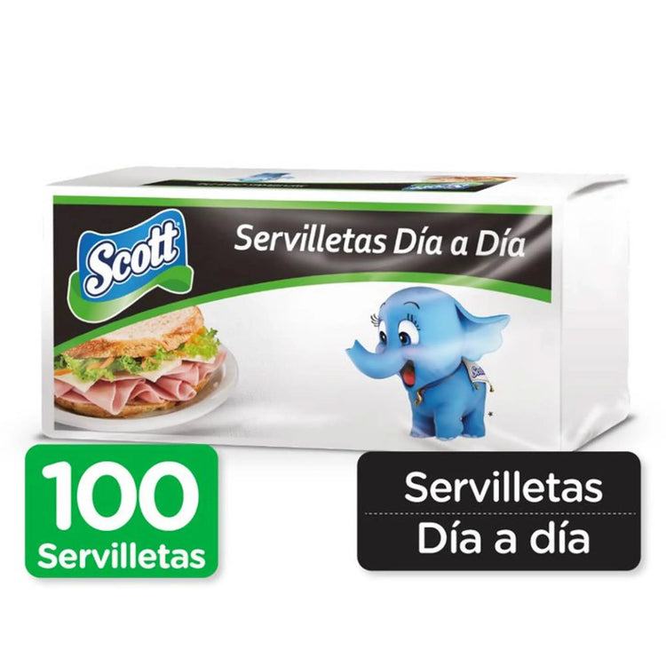 White square paper napkins by Scott, 100 sheets, ideal for dining or gatherings, from Farmacias Savia.
