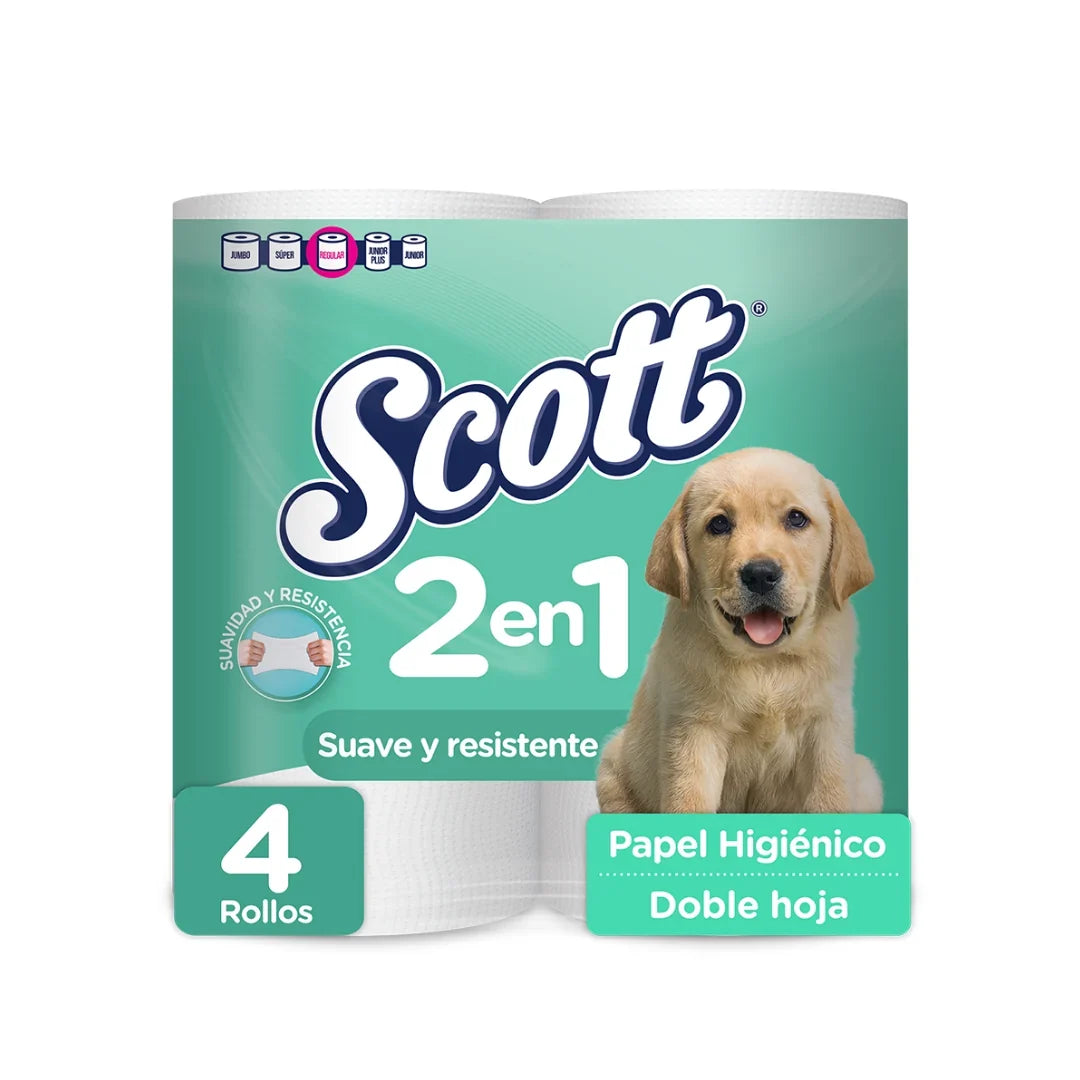 Scott 2-in-1 double sheet bath tissues, 4-roll pack, soft and strong toilet paper from Farmacias Savia.