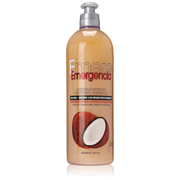Emergencia Intensive Moisture Split Ends Shampoo by Farmacias Savia, 16oz bottle with coconut scent and nourishing formula.