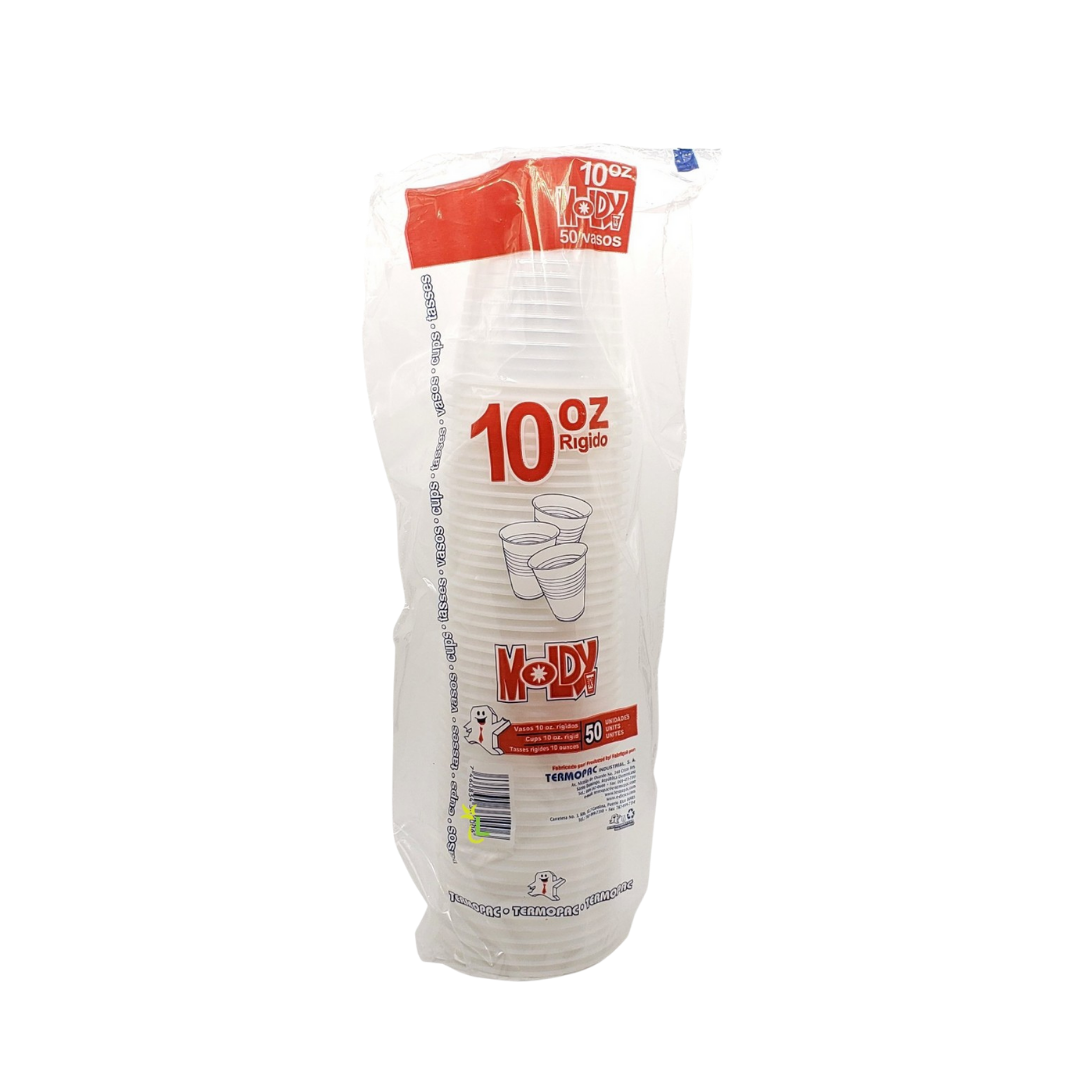 Set of 50 La Comprita 10oz plastic cups from Farmacias Savia, clear disposable cups for beverages, shown stacked and ready for use.