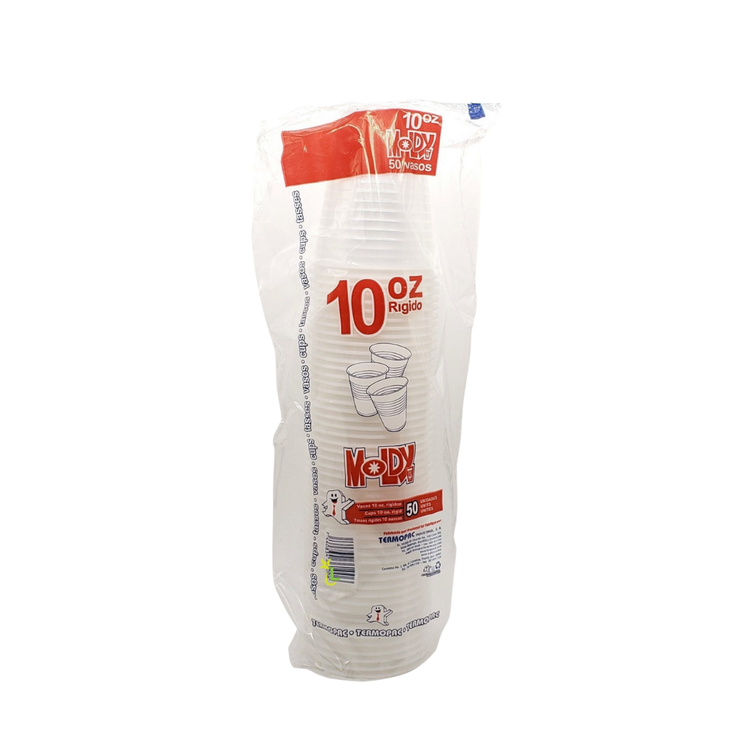 Set of 50 La Comprita 10oz plastic cups from Farmacias Savia, clear disposable cups for beverages, shown stacked and ready for use.