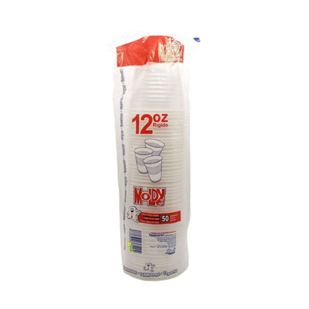 Set of 50 La Comprita 12oz plastic cups by Farmacias Savia, clear disposable cups for drinks displayed in the image.