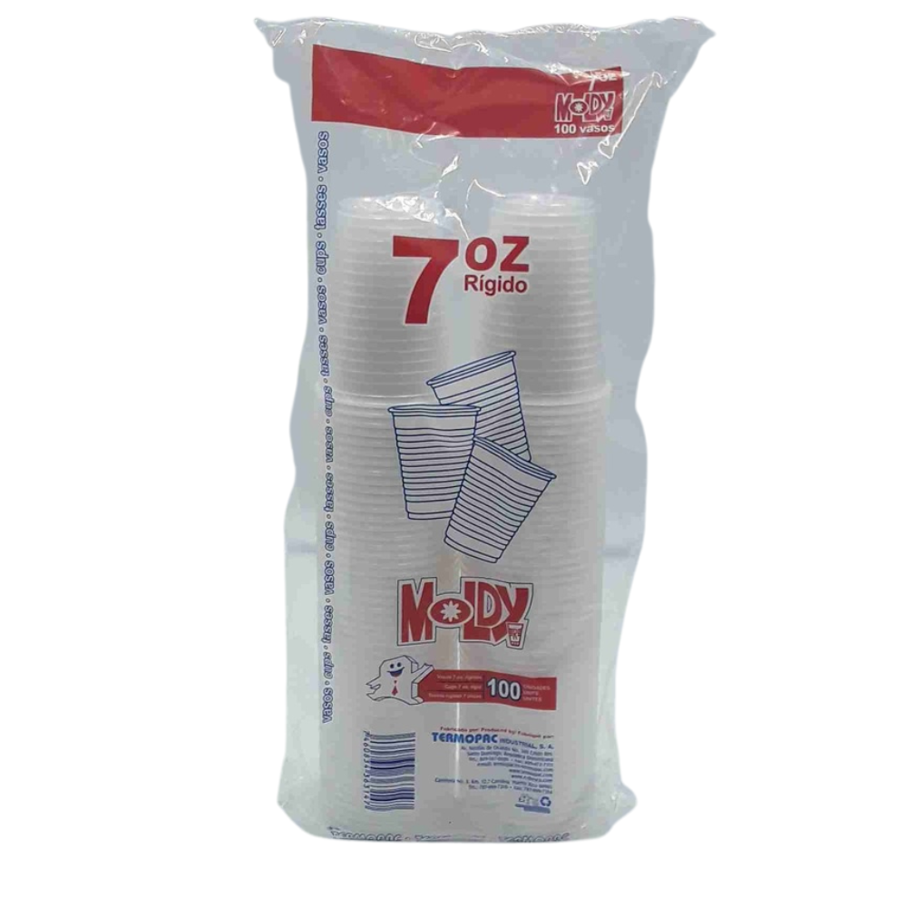 Set of 100 Moldy Rigid Plastic Cups, 7 oz disposable cups by Farmacias Savia, shown stacked with clear plastic appearance