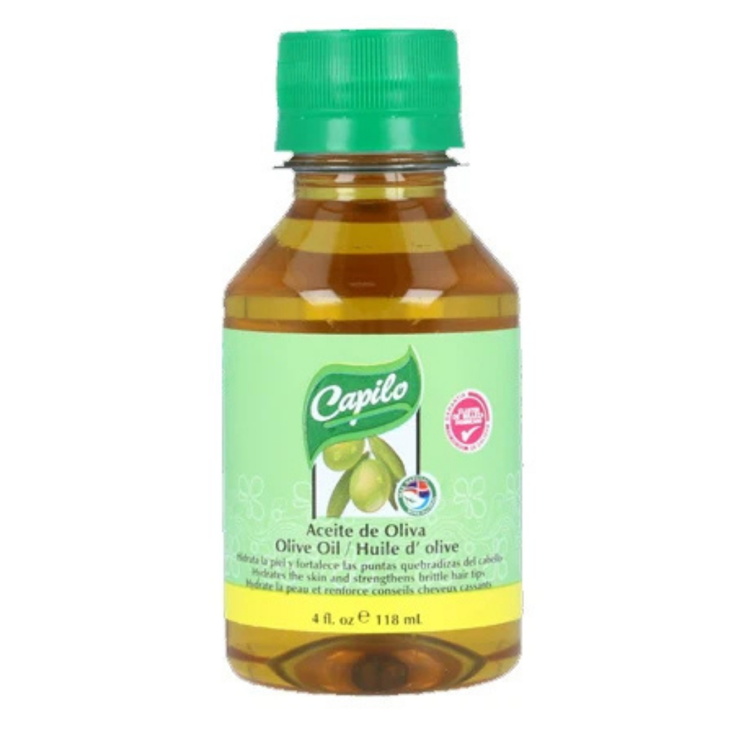 Farmacias Savia Capilo Olive Oil 4oz bottle with olive oil inside, clear glass container showing golden-green oil.